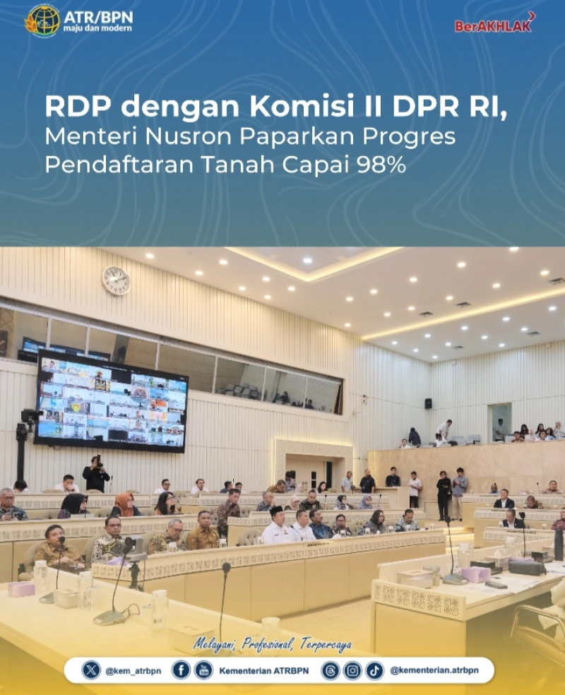 RDP dengan Komisi II DPR RI, Menteri Nusron Paparkan Progres Pendaftaran Tanah Capai 98%
